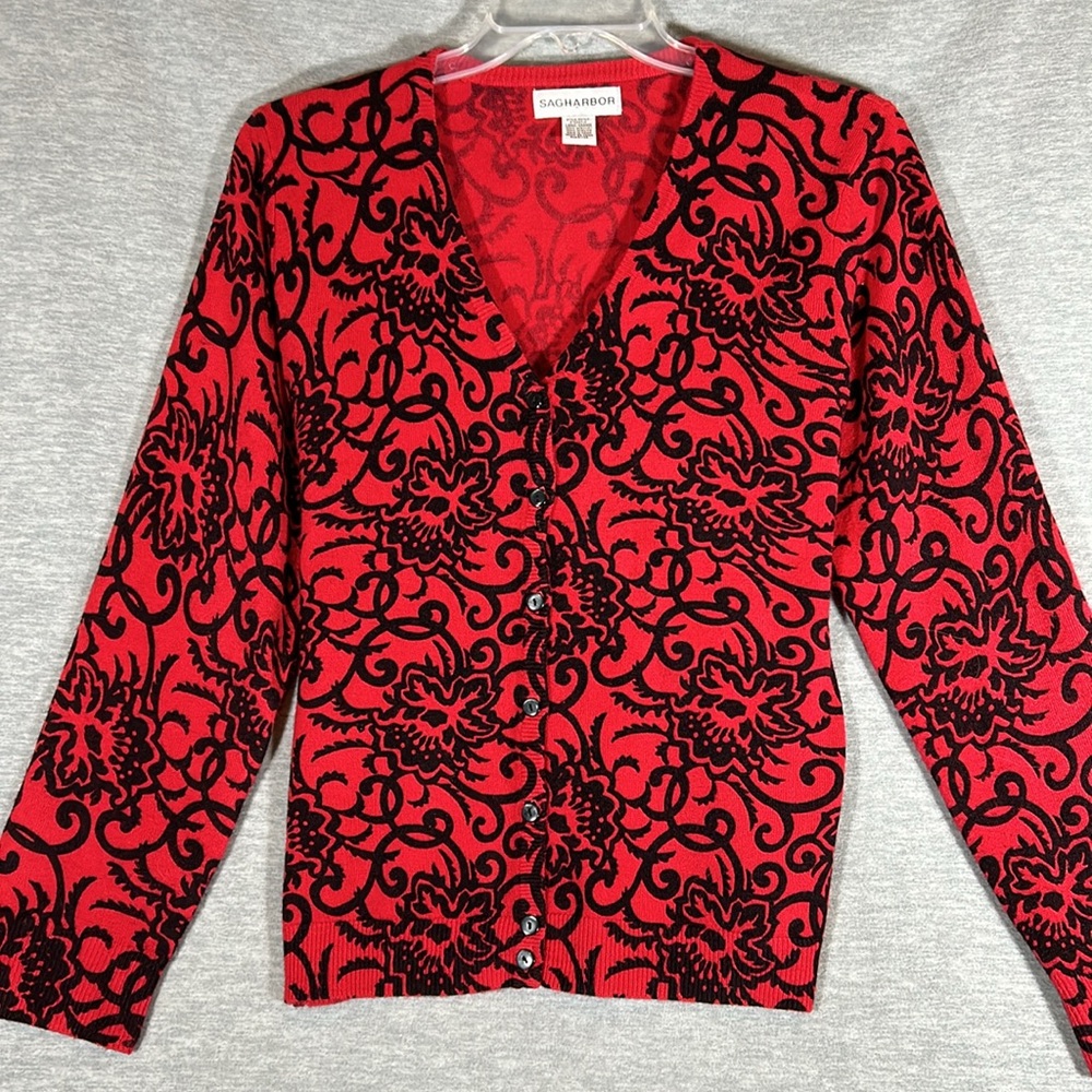 SAG HARBOR Classy Red Black Button Up V Neck Cardigan Velvet Look Cashmere Feel